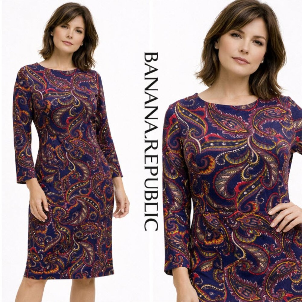 Banana Republic Sheath Dress Long Sleeve Blue Red Paisley with Crew Neck Size 14